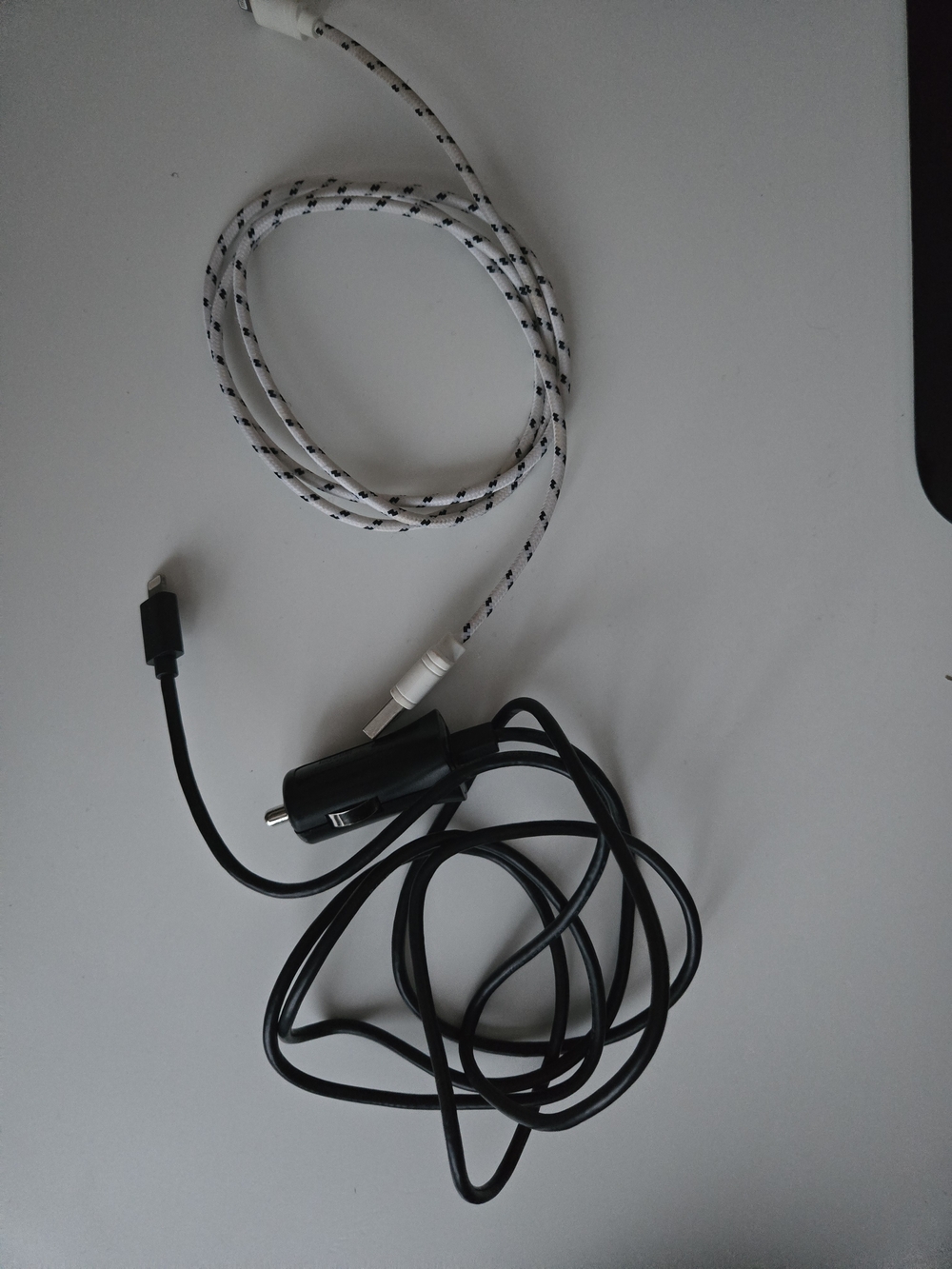 Universal Car USB Charger with Black and White Braided Cables